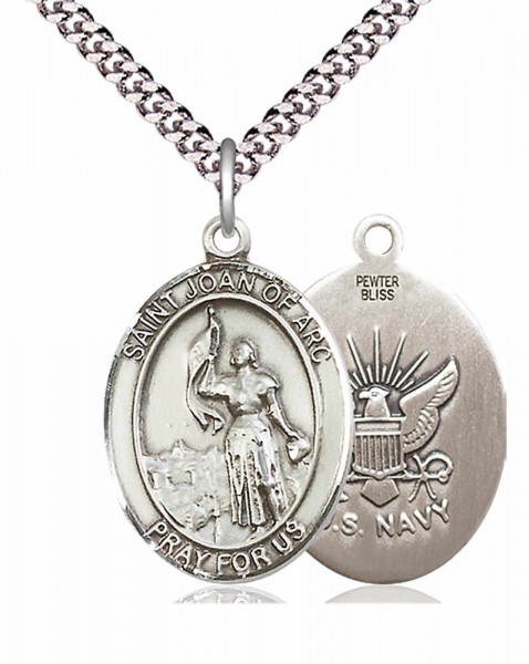 Men's Pewter Oval St. Joan of Arc Navy Medal - 24" 2.4mm Rhodium Plate Chain + Clasp