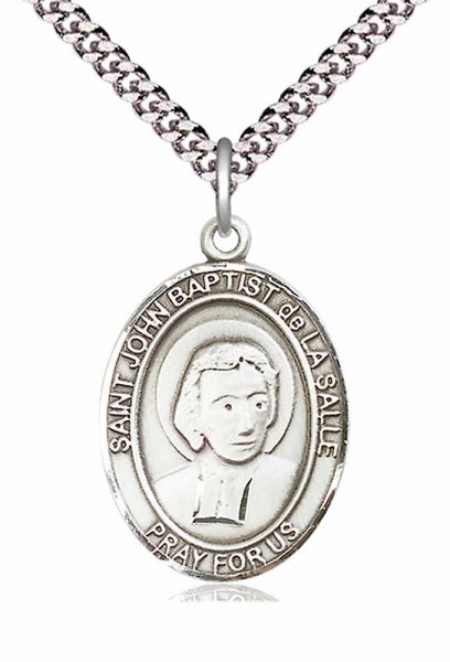 Men's Pewter Oval St. John Baptist De La Salle Medal - 24" 2.4mm Rhodium Plate Chain + Clasp