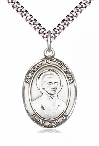 Men's Pewter Oval St. John Berchmans Medal - 20" Rhodium Plate Chain + Clasp