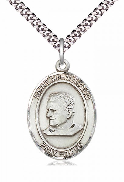 Men's Pewter Oval St. John Bosco Medal - 20" Rhodium Plate Chain + Clasp