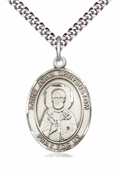 Men's Pewter Oval St. John Chrysostom Medal - 24" 2.4mm Rhodium Plate Chain + Clasp