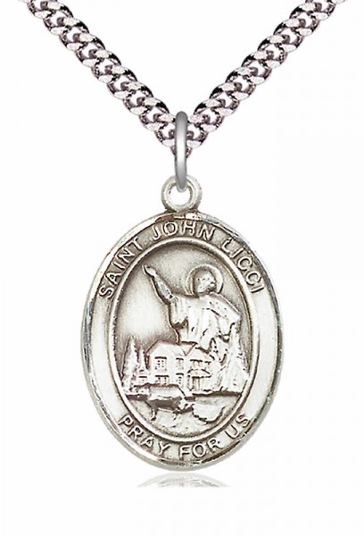 Men's Pewter Oval St. John Licci Medal - 24" 2.4mm Rhodium Plate Chain + Clasp