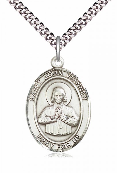 Men's Pewter Oval St. John Vianney Medal - 20" Rhodium Plate Chain + Clasp