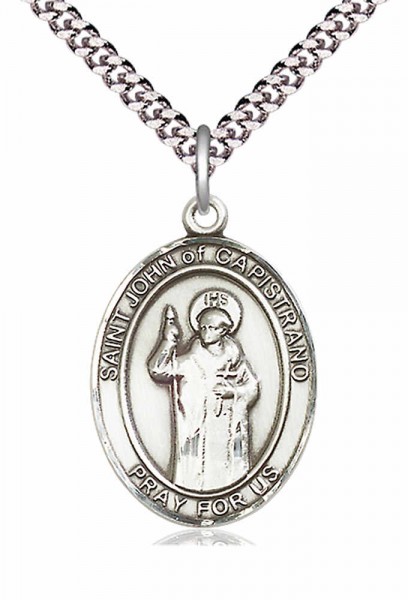 Men's Pewter Oval St. John of Capistrano Medal - 24" 2.4mm Rhodium Plate Chain + Clasp