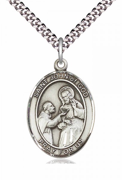 Men's Pewter Oval St. John of God Medal - 20" Rhodium Plate Chain + Clasp