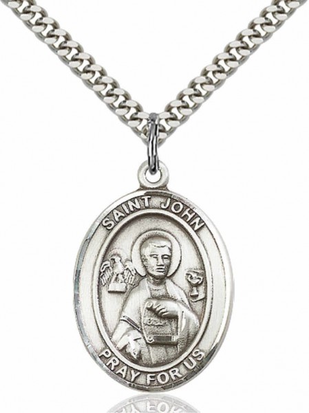 Men's Pewter Oval St. John the Apostle Medal - 24" 2.4mm Rhodium Plate Chain + Clasp