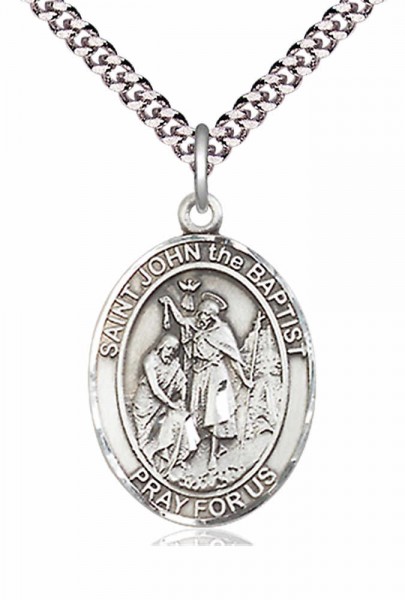 Men's Pewter Oval St. John the Baptist Medal - 24" 2.4mm Rhodium Plate Chain + Clasp