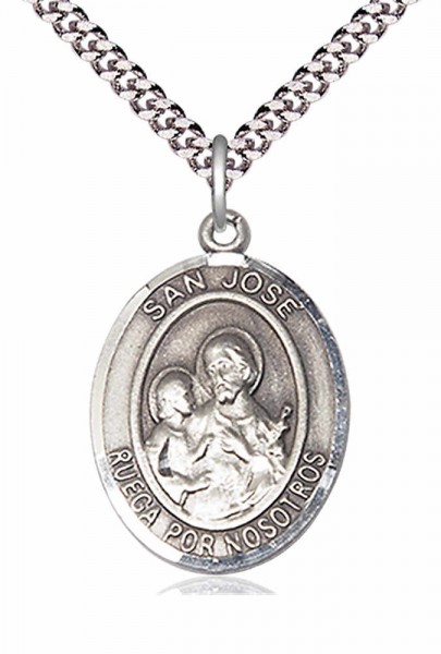 Men's Pewter Oval St. Joseph Medal - 24" 2.4mm Rhodium Plate Endless Chain