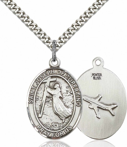 Men's Pewter Oval St. Joseph of Cupertino Medal - 24" 2.4mm Rhodium Plate Endless Chain