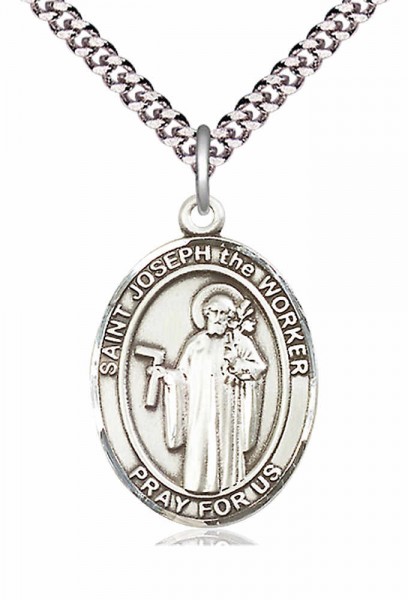 Men's Pewter Oval St. Joseph the Worker Medal - 20" Rhodium Plate Chain + Clasp