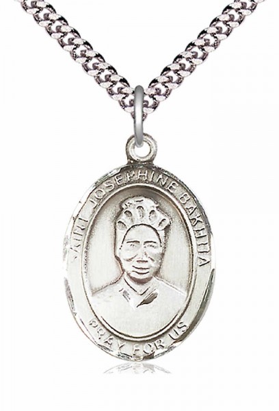 Men's Pewter Oval St. Josephine Bakhita Medal - 24" 2.4mm Rhodium Plate Chain + Clasp
