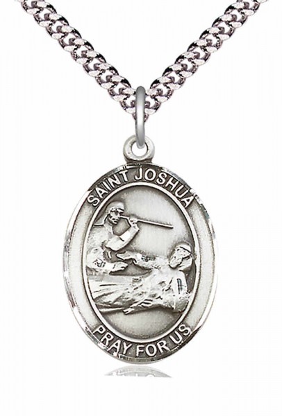 Men's Pewter Oval St. Joshua Medal - 24" 2.4mm Rhodium Plate Endless Chain