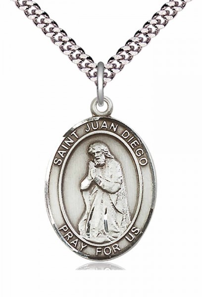 Men's Pewter Oval St. Juan Diego Medal - 20" Rhodium Plate Chain + Clasp