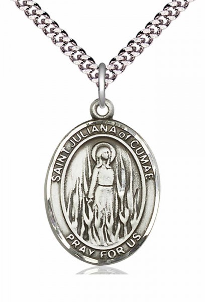 Men's Pewter Oval St. Juliana Medal - 20" Rhodium Plate Chain + Clasp