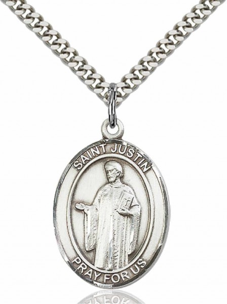 Men's Pewter Oval St. Justin Medal - 24" 2.4mm Rhodium Plate Chain + Clasp
