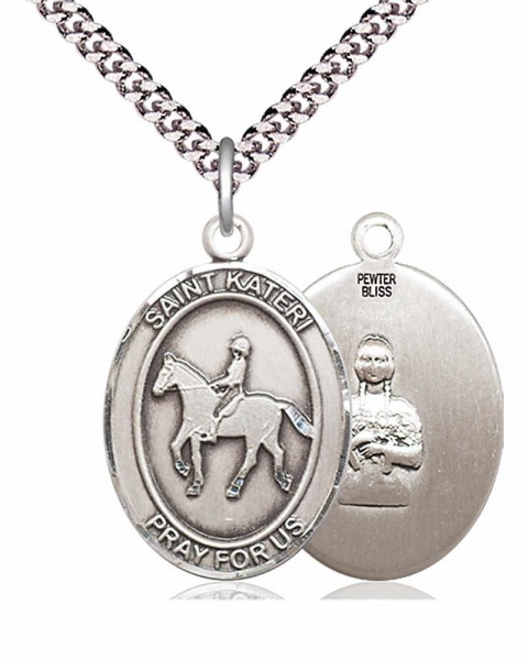 Men's Pewter Oval St. Kateri Equestrian Medal - 24" 2.4mm Rhodium Plate Chain + Clasp