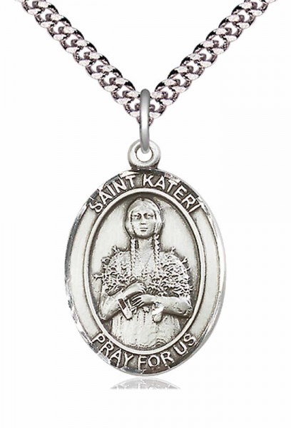 Men's Pewter Oval St. Kateri Medal - 20" Rhodium Plate Chain + Clasp