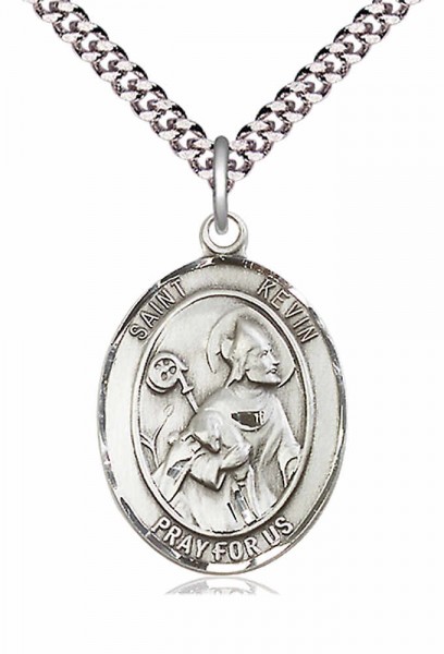Men's Pewter Oval St. Kevin Medal - 20" Rhodium Plate Chain + Clasp