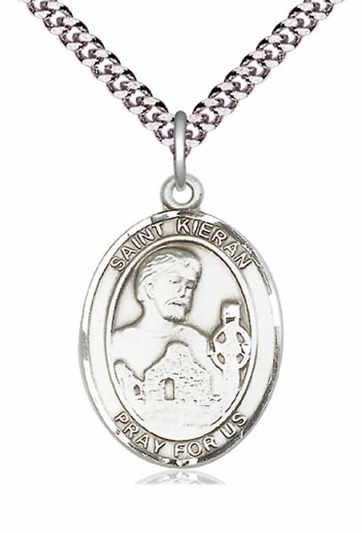 Men's Pewter Oval St. Kieran Medal - 24" 2.4mm Rhodium Plate Chain + Clasp