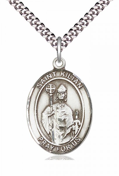 Men's Pewter Oval St. Kilian Medal - 20" Rhodium Plate Chain + Clasp