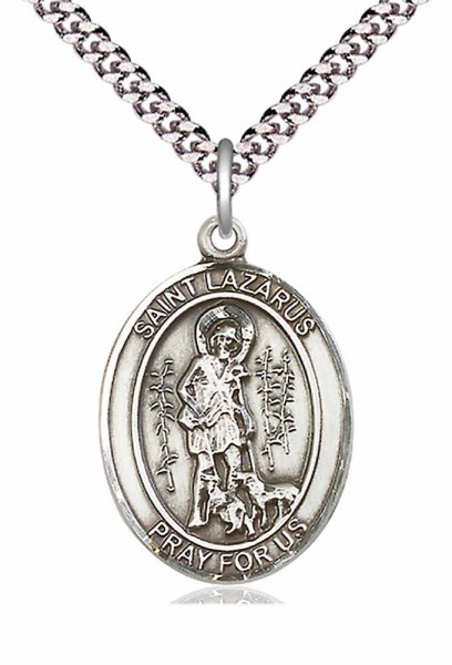 Men's Pewter Oval St. Lazarus Medal - 24" 2.4mm Rhodium Plate Endless Chain