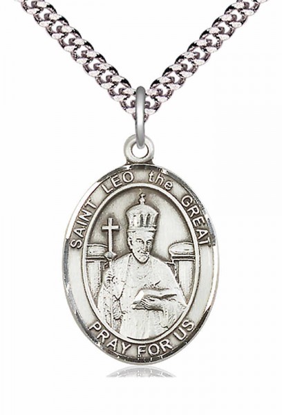 Men's Pewter Oval St. Leo the Great Medal - 24" 2.4mm Rhodium Plate Chain + Clasp