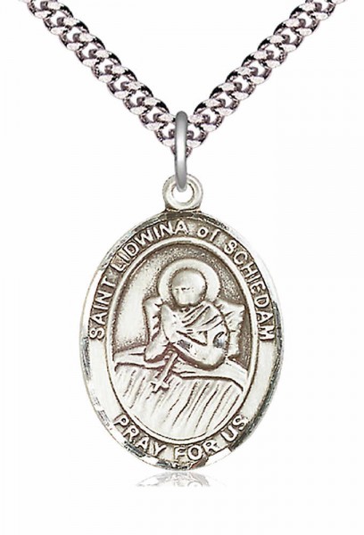 Men's Pewter Oval St. Lidwina of Schiedam Medal - 24" 2.4mm Rhodium Plate Chain + Clasp