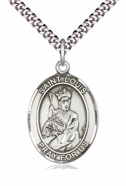 Men's Pewter Oval St. Louis Medal - 24" 2.4mm Rhodium Plate Chain + Clasp