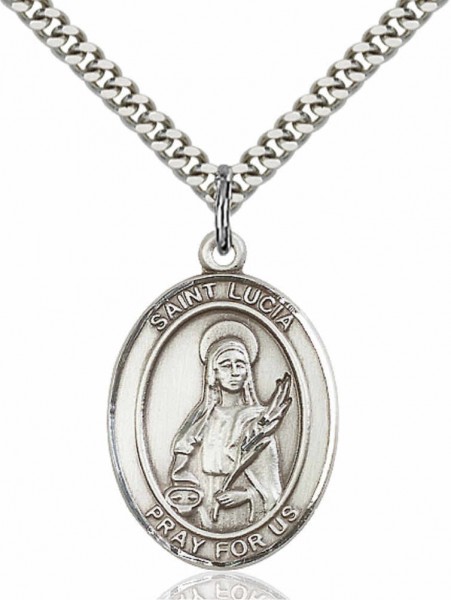 Men's Pewter Oval St. Lucia of Syracuse Medal - 24" 2.4mm Rhodium Plate Chain + Clasp