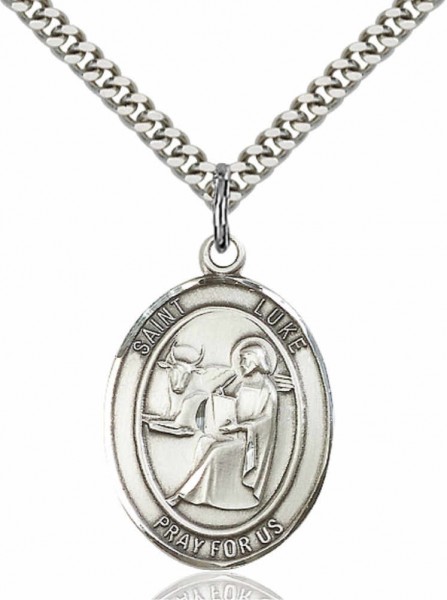 Men's Pewter Oval St. Luke the Apostle Medal - 20" Rhodium Plate Chain + Clasp