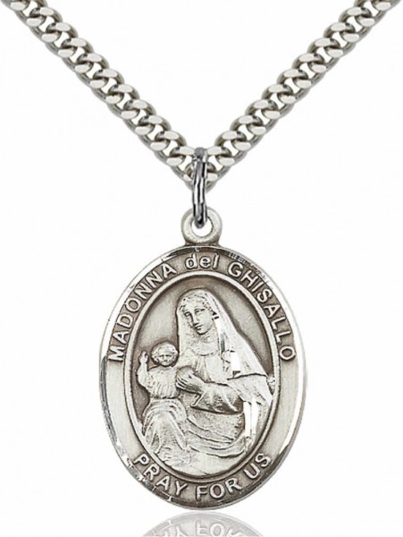 Men's Pewter Oval St. Madonna Del Ghisallo Medal - 24" 2.4mm Rhodium Plate Endless Chain