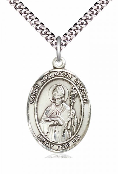 Men's Pewter Oval St. Malachy O'more Medal - 24" 2.4mm Rhodium Plate Chain + Clasp