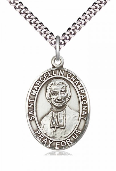 Men's Pewter Oval St. Marcellin Champagnat Medal - 24" 2.4mm Rhodium Plate Chain + Clasp