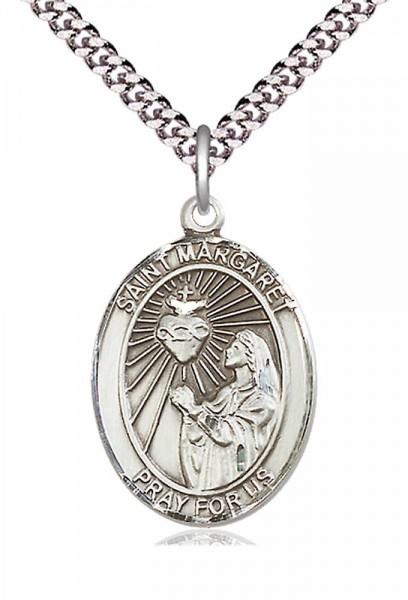 Men's Pewter Oval St. Margaret Mary Alacoque Medal - 24" 2.4mm Rhodium Plate Endless Chain