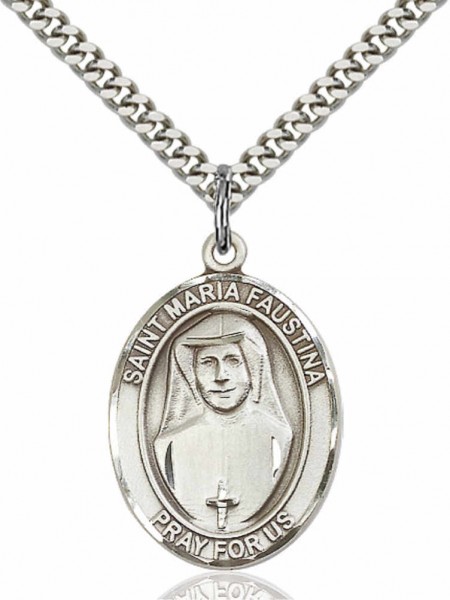 Men's Pewter Oval St. Maria Faustina Medal - 24" 2.4mm Rhodium Plate Chain + Clasp