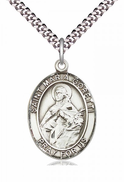 Men's Pewter Oval St. Maria Goretti Medal - 24" 2.4mm Rhodium Plate Endless Chain