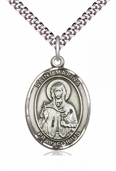 Men's Pewter Oval St. Marina Medal - 24" 2.4mm Rhodium Plate Chain + Clasp