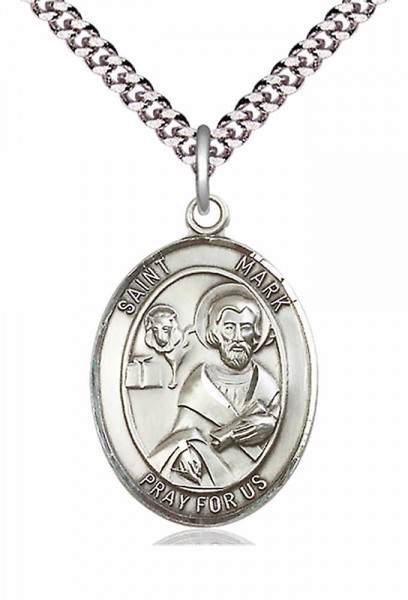 Men's Pewter Oval St. Mark the Evangelist Medal - 20" Rhodium Plate Chain + Clasp