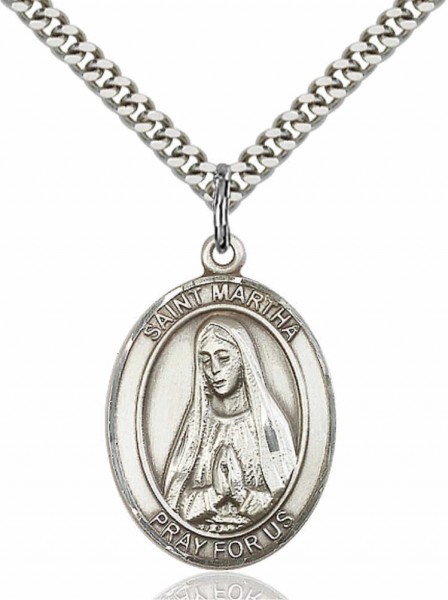 Men's Pewter Oval St. Martha Medal - 24" 2.4mm Rhodium Plate Endless Chain