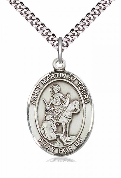 Men's Pewter Oval St. Martin of Tours Medal - 24" 2.4mm Rhodium Plate Chain + Clasp