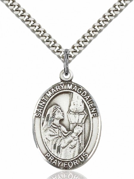Men's Pewter Oval St. Mary Magdalene Medal - 24" 2.4mm Rhodium Plate Chain + Clasp