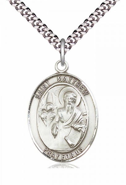Men's Pewter Oval St. Matthew the Apostle Medal - 24" 2.4mm Rhodium Plate Endless Chain