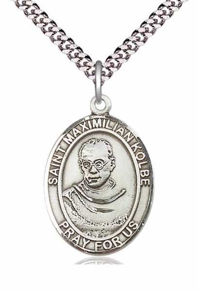 Men's Pewter Oval St. Maximilian Kolbe Medal - 24" 2.4mm Rhodium Plate Chain + Clasp