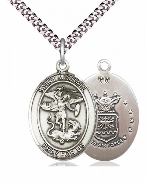 Men's Pewter Oval St. Michael Air Force Medal - 24" 2.4mm Rhodium Plate Endless Chain