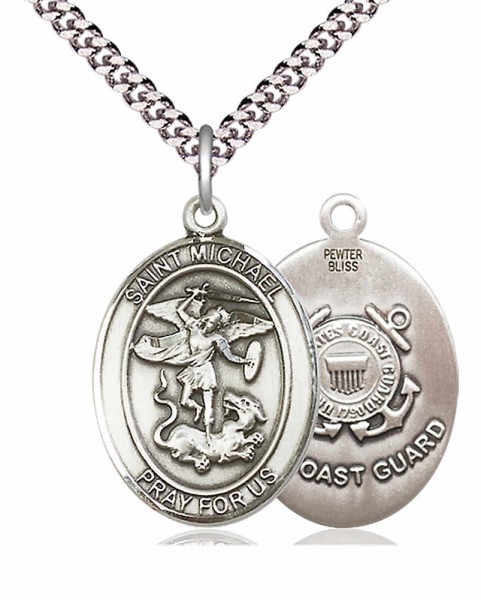 Men's Pewter Oval St. Michael Coast Guard Medal - 24" 2.4mm Rhodium Plate Chain + Clasp