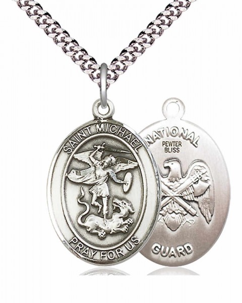 Men's Pewter Oval St. Michael National Guard Medal - 20" Rhodium Plate Chain + Clasp