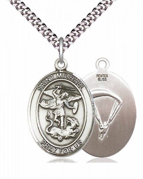 Men's Pewter Oval St. Michael Paratrooper Medal - 24" 2.4mm Rhodium Plate Chain + Clasp