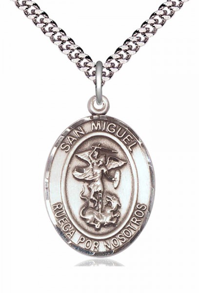Men's Pewter Oval St. Michael the Archangel Medal - 24" 2.4mm Rhodium Plate Chain + Clasp