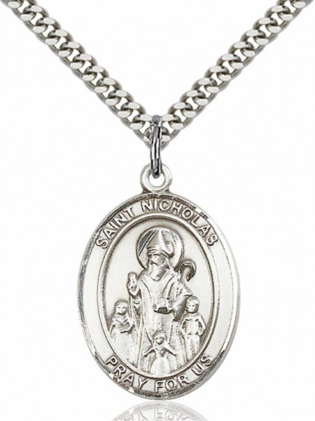 Men's Pewter Oval St. Nicholas Medal - 24" 2.4mm Rhodium Plate Chain + Clasp