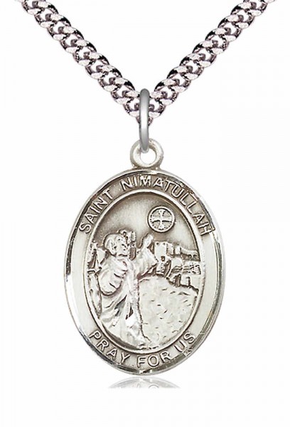 Men's Pewter Oval St. Nimatullah Medal - 24" 2.4mm Rhodium Plate Chain + Clasp